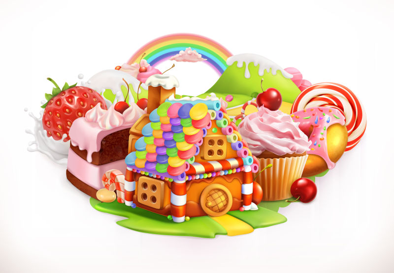 抽象矢量现代卡通糖果和甜点装饰的屋子插图