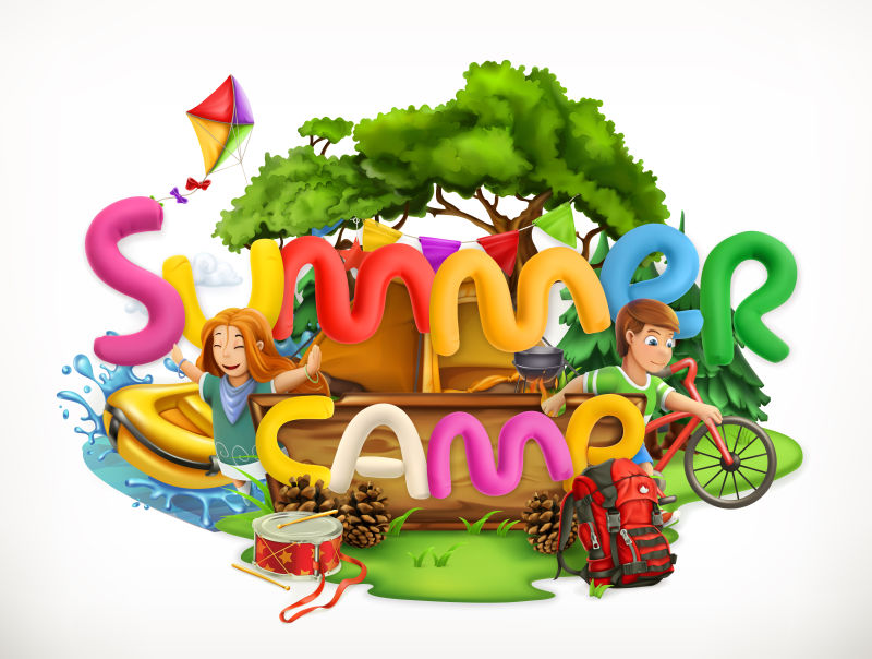 创意矢量儿童夏令营主题的平面设计插图