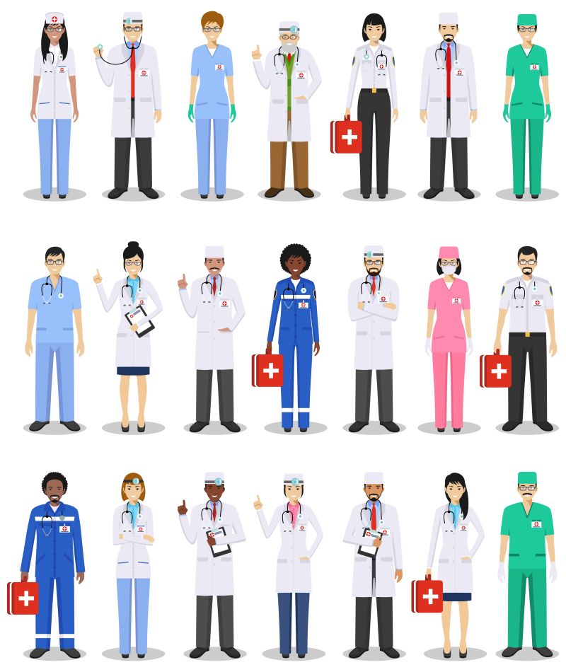 抽象矢量现代医生和护士平面插图