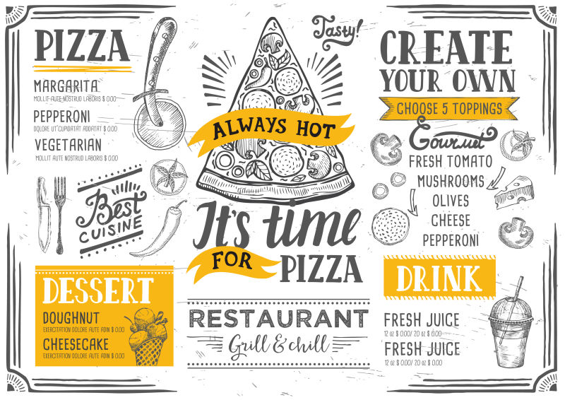 披萨元素的矢量快餐设计插图