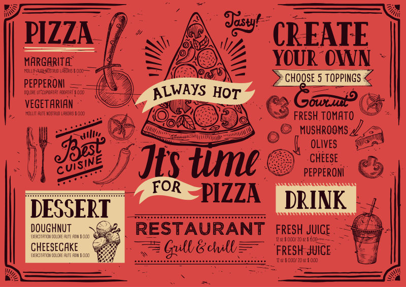 创意矢量现代披萨元素的红色菜单设计