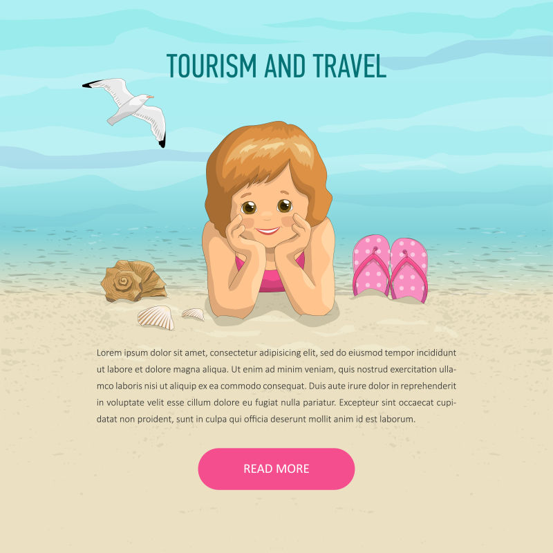 沙滩上的暑假作文海边的女孩穿着拖鞋和海鸥旅游和旅游概念网站模板或横幅矢量插图