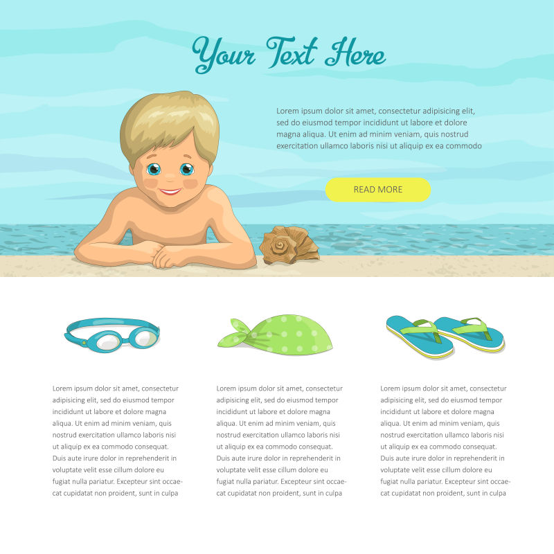 海贝背景下的沙滩男孩暑假作文旅游和旅游概念网站模板或横幅矢量插图