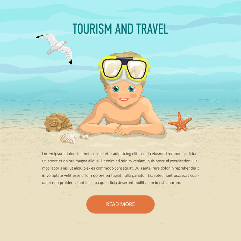 以《大海》为背景的《沙滩男孩》的海鸥作文旅游和旅游概念网站模板或横幅矢量插图