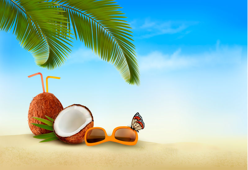 抽象矢量海滩棕榈树元素度假主题背景设计