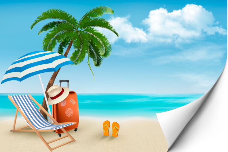创意矢量现代棕榈树和沙滩椅元素的度假主题背景设计