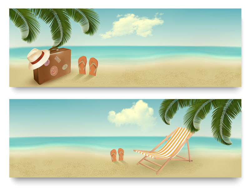 创意矢量复古热带海滨度假主题的横幅设计