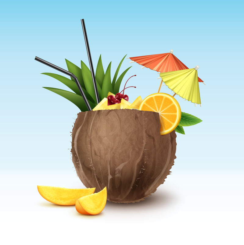 抽象矢量热带椰子鸡尾酒设计插图