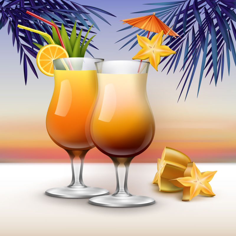 抽象矢量热带沙滩上的鸡尾酒设计插图