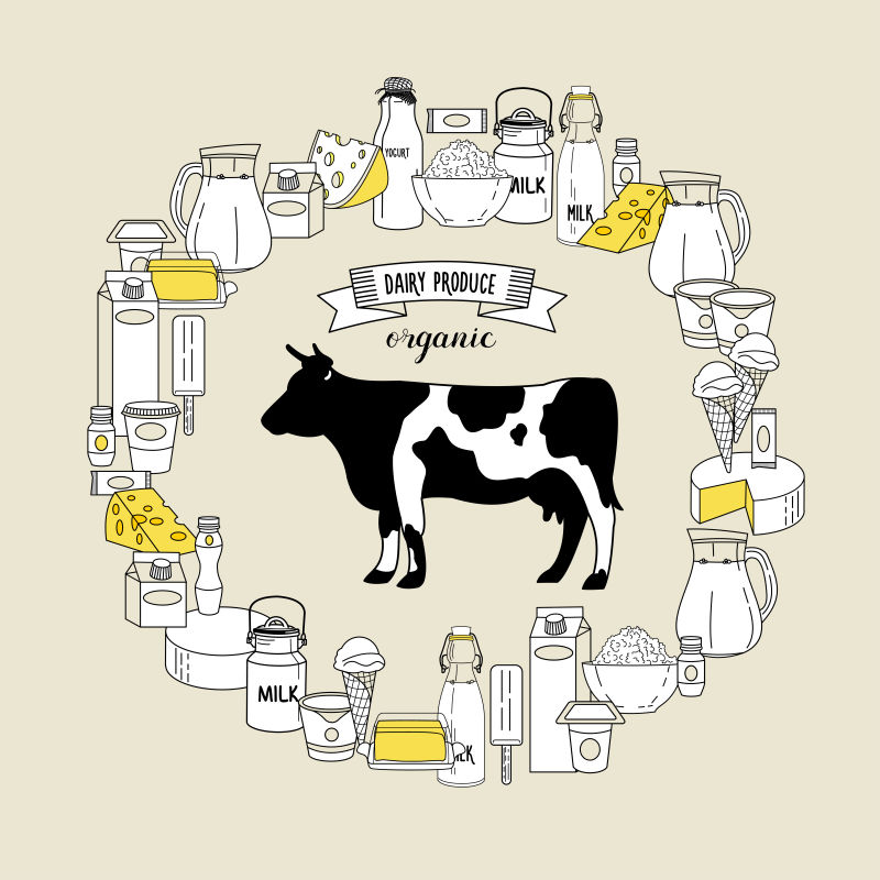 创意矢量奶牛和乳制品设计插图