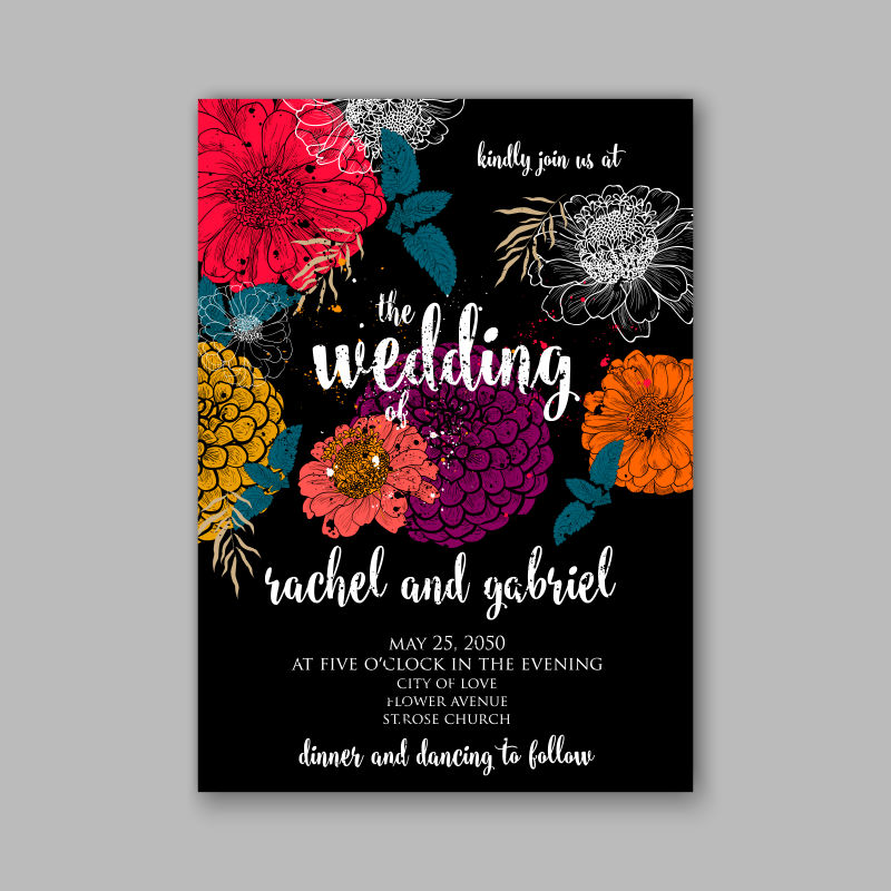 矢量彩色花卉元素的装饰婚礼请帖设计
