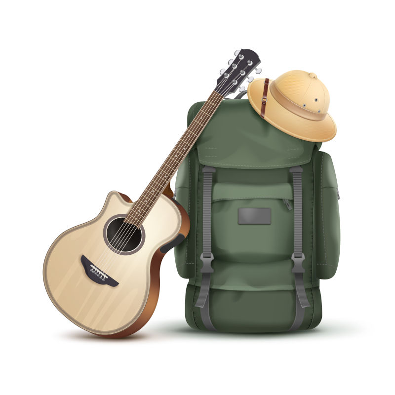 创意矢量旅行背包和吉他插图