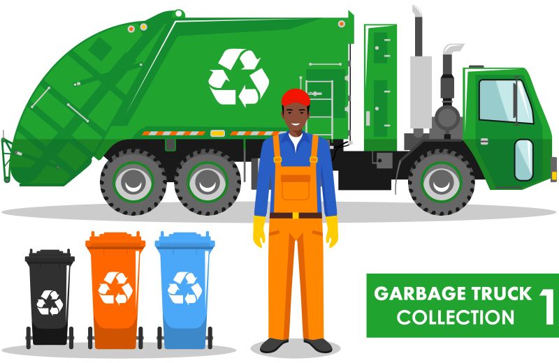 矢量清洁工与垃圾箱垃圾车