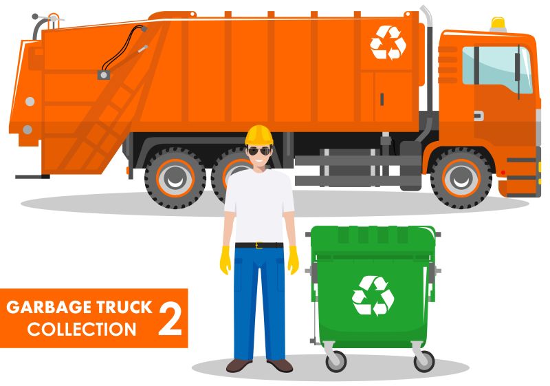 矢量橙色垃圾车与清洁工垃圾箱