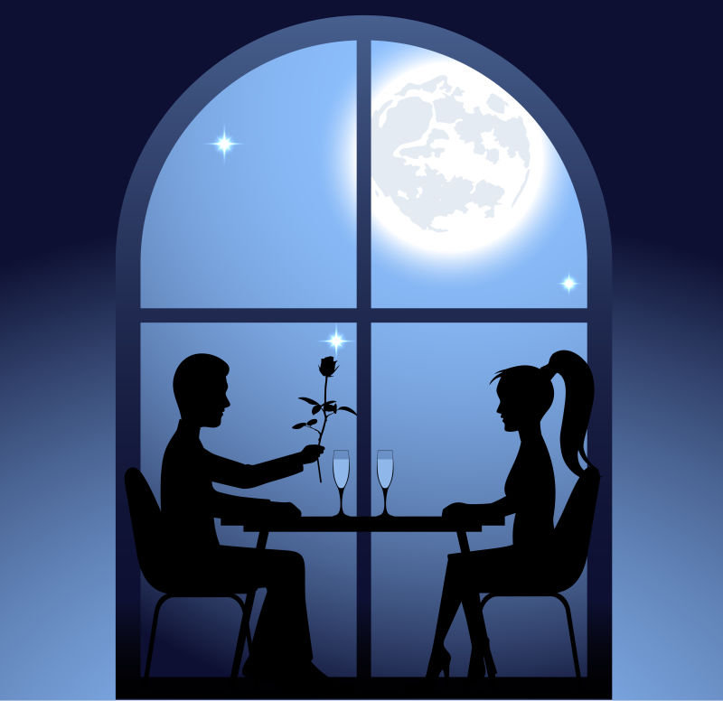 创意矢量在夜月下约会的情侣插图