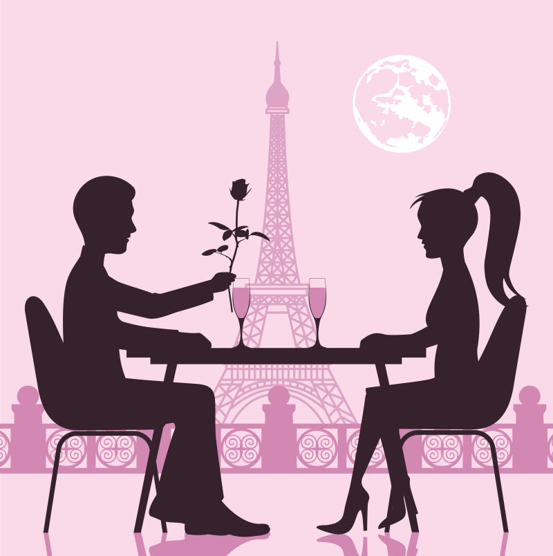 创意矢量在巴黎铁塔下用餐的情侣插图