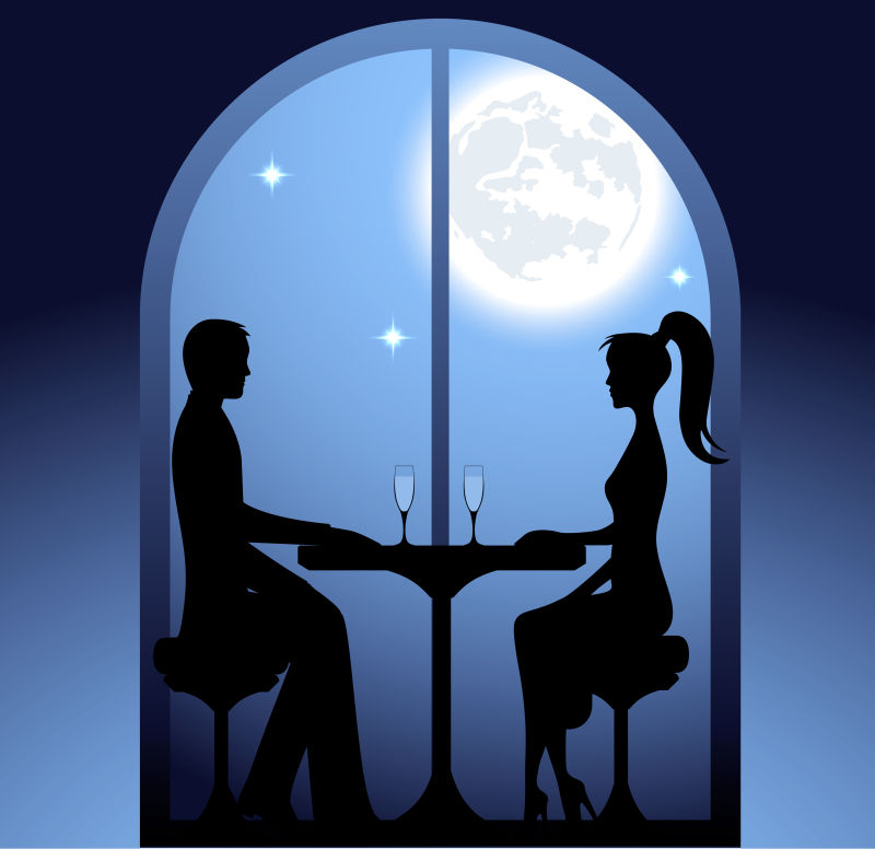 抽象矢量浪漫月光下用餐的情侣插图