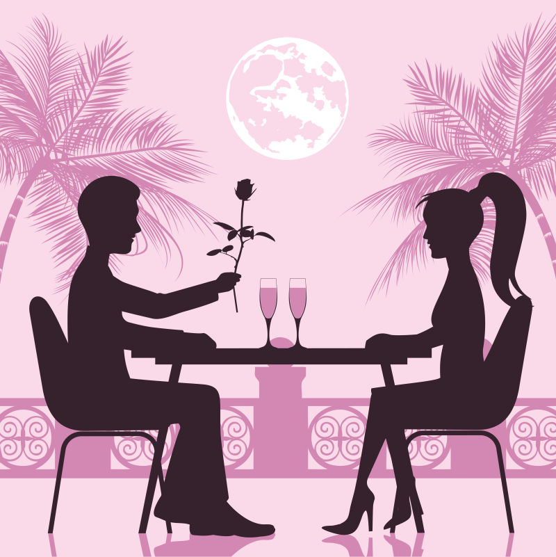抽象矢量在餐厅用餐的浪漫情侣插图