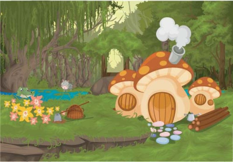 创意矢量卡通蘑菇屋的平面插图
