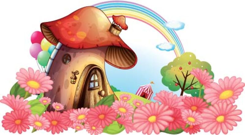抽象矢量可爱的蘑菇屋漫画插图