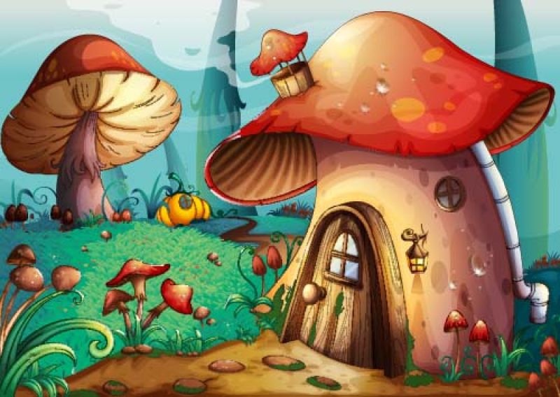抽象矢量平面风格的森林蘑菇屋插图