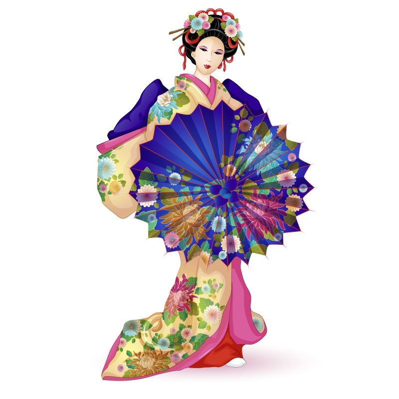 创意矢量现代迷人的打伞的日本和服娃娃设计