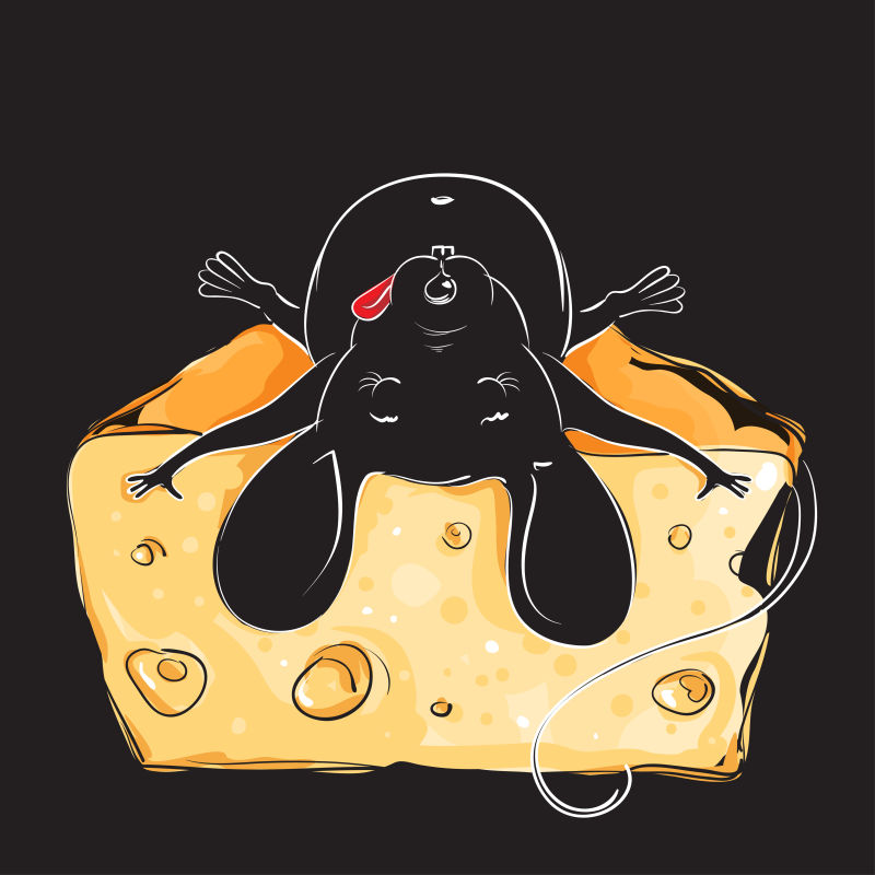 抽象卡通睡在奶酪上的老鼠插图