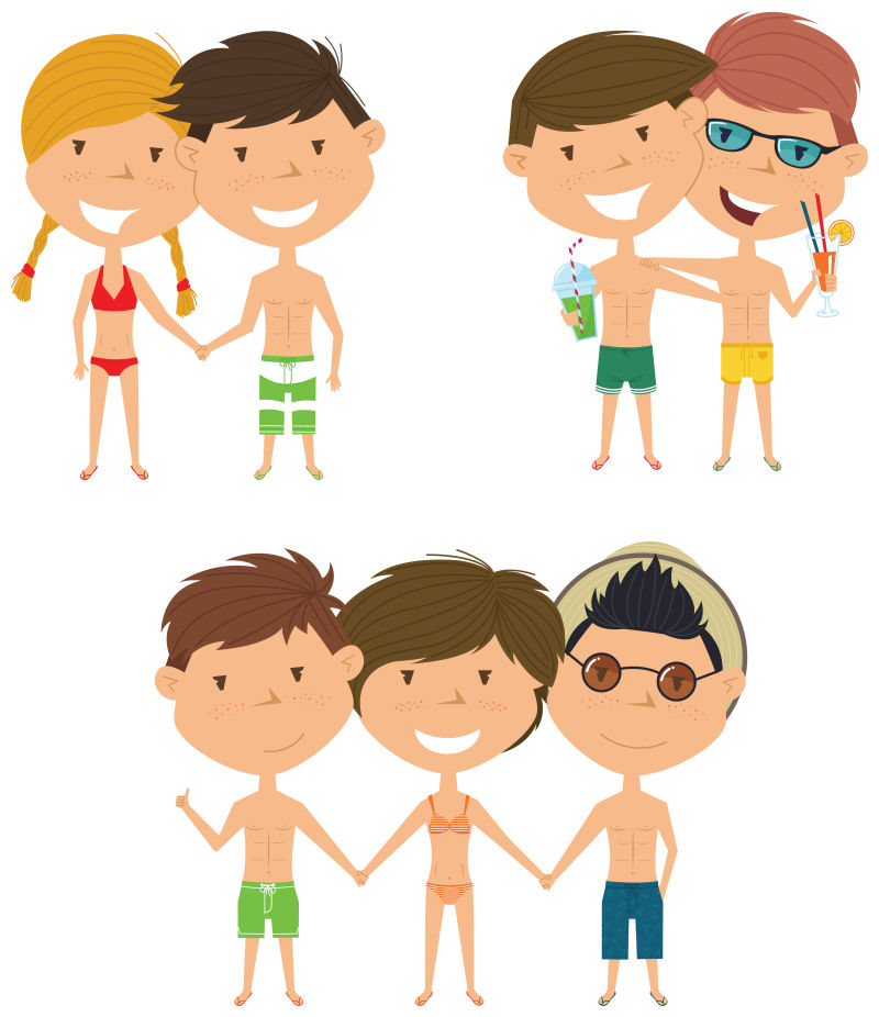 抽象矢量现代卡通海滩度假的男孩插图设计