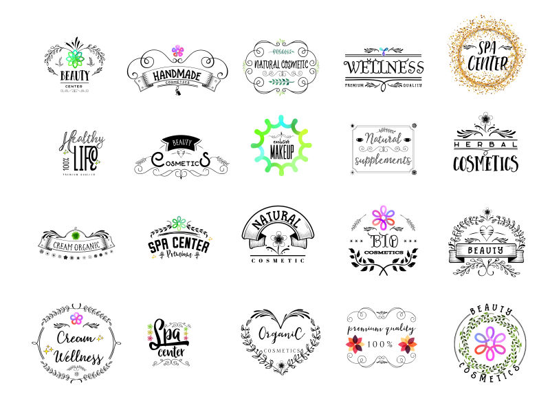 徽章作为设计的一部分-化妆品标志贴纸邮票标志设计手工制作用花卉元素书法和文字
