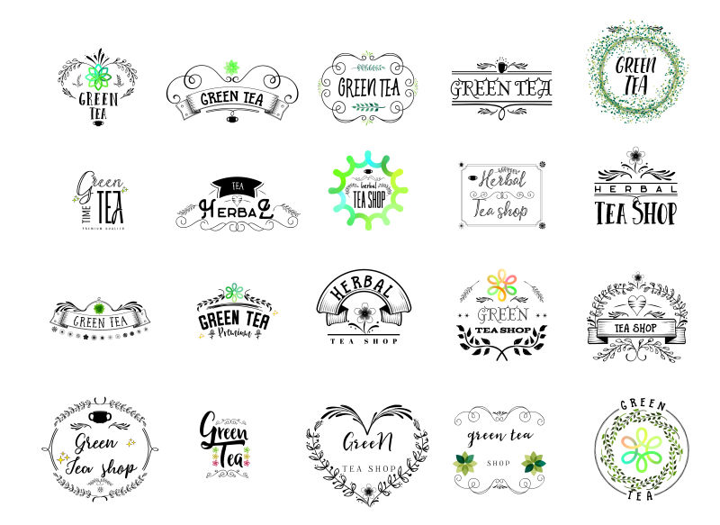 徽章作为设计的一部分-绿茶贴纸邮票标志设计手工制作用花卉元素书法和文字