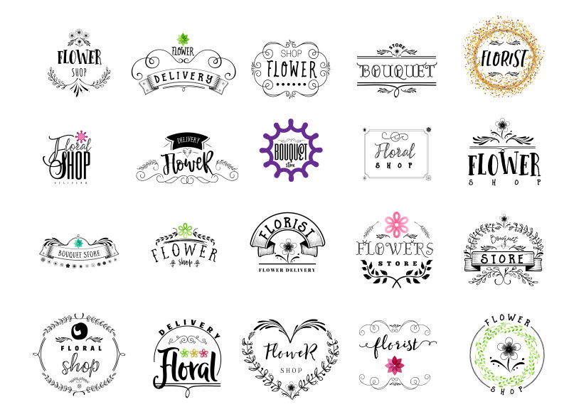 徽章为小企业-花店柜台工作人员贴纸邮票标志-设计手工制作用花卉元素书法和文字