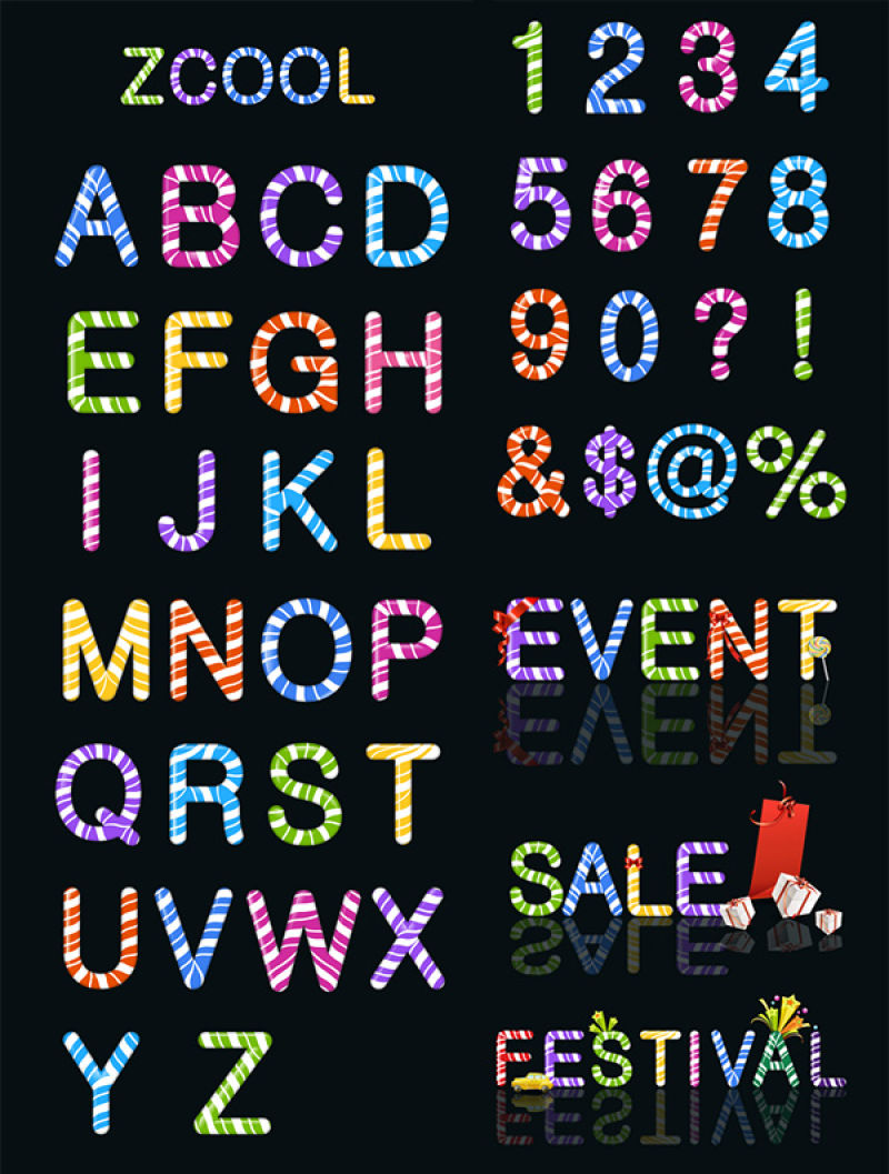 抽象矢量条状糖果风格的字母数字字体设计