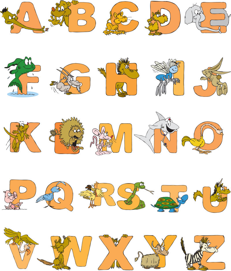 抽象矢量卡通动物装饰的字母字体设计