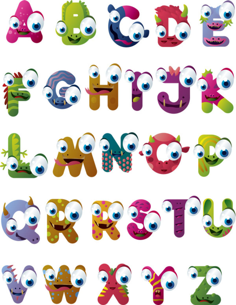 抽象矢量彩色卡通风格的字母数字字体设计