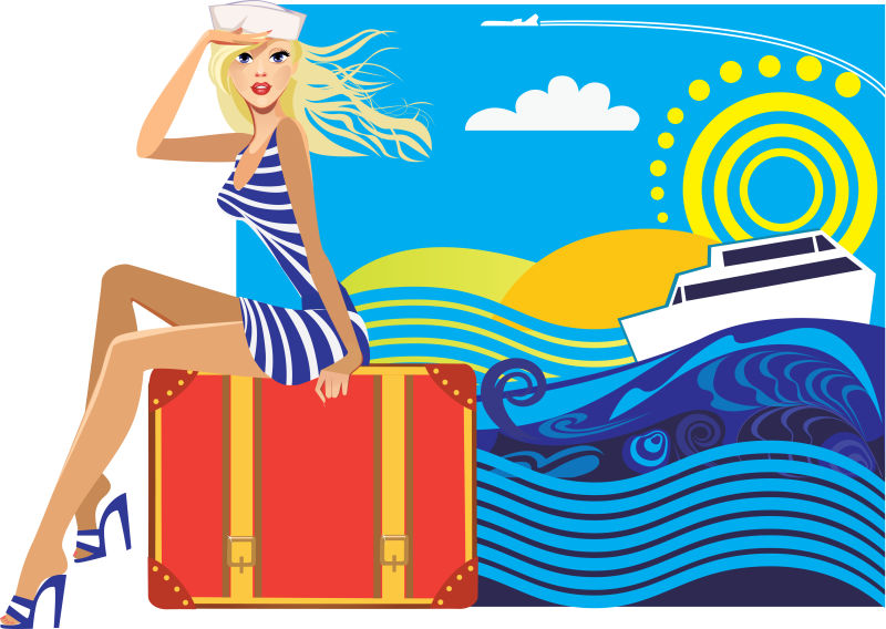 女旅行者坐在彩色背景的手提箱上