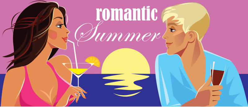 夏日浪漫派对-男女手拿鸡尾酒-背景是大海-休息-大海-日落