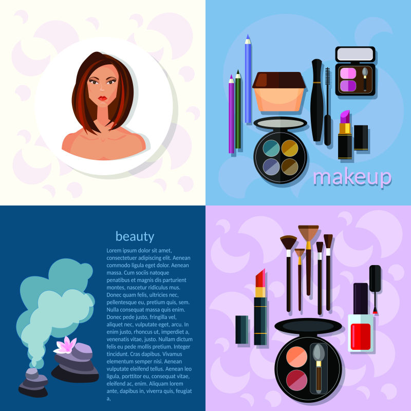 美容时尚概念化妆产品专业化妆细节美容学美女面部矢量图标