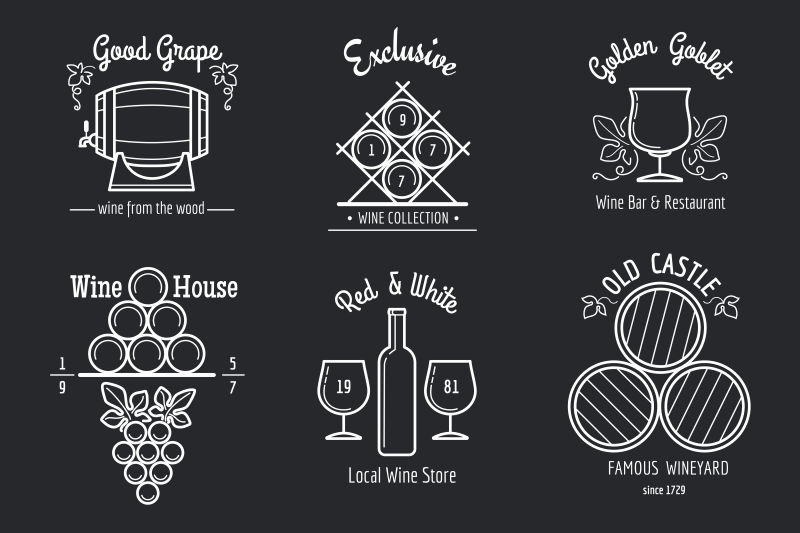 葡萄酒线标志设置葡萄酒酒吧或葡萄酒餐厅菜单上的酿酒或酒厂细线标志矢量插图