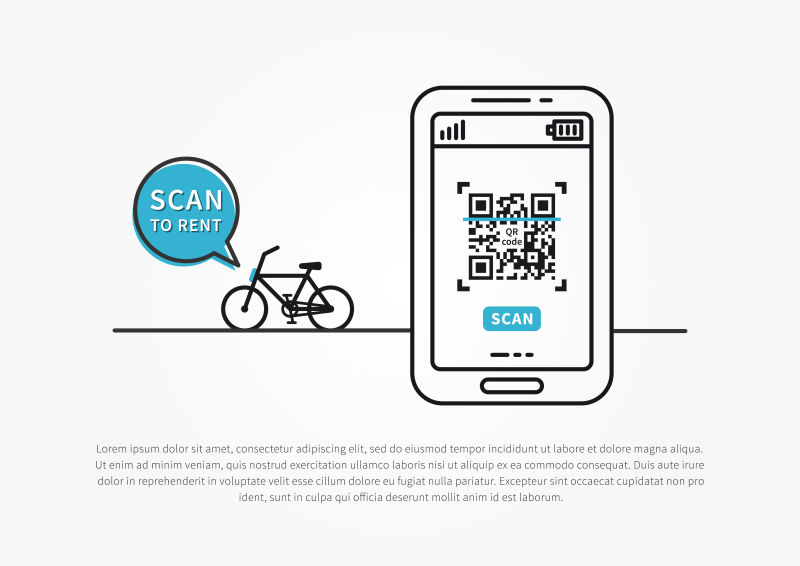 自行车共享和租赁矢量插图APP下载并扫描QR码租用公共自行车电话应用租赁自行车创意概念