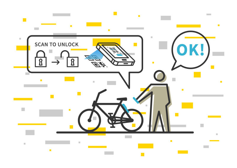 自行车租赁应用矢量插图应用于租赁自行车创作理念利用软件租借自行车扫描QR码解锁运输车平面设计
