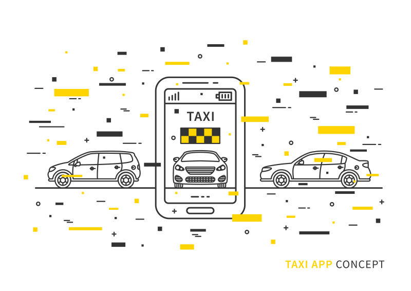 出租车应用在手机矢量插图与彩色装饰元素出租车服务采用手机和汽车线路艺术理念