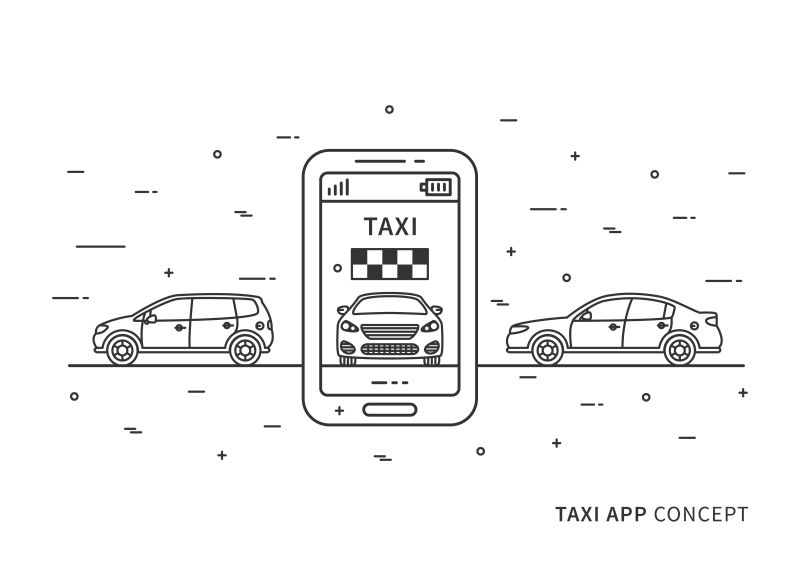 出租车应用手机矢量插图出租车服务采用手机和汽车线路艺术理念在智能手机平面设计上预订出租车应用程序