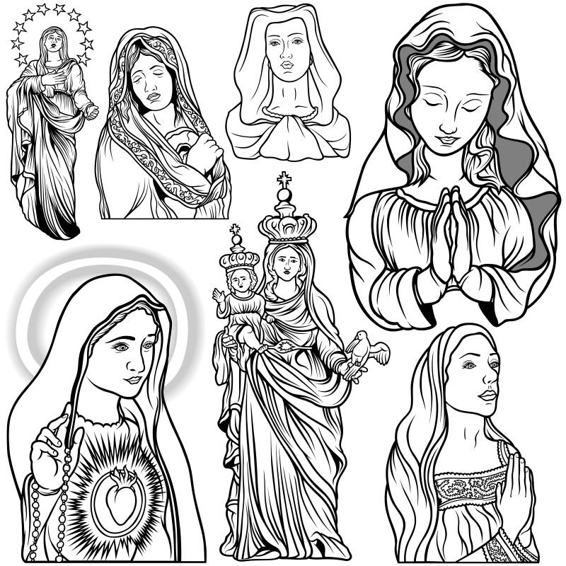 创意矢量现代修女玛丽主题的平面设计插图