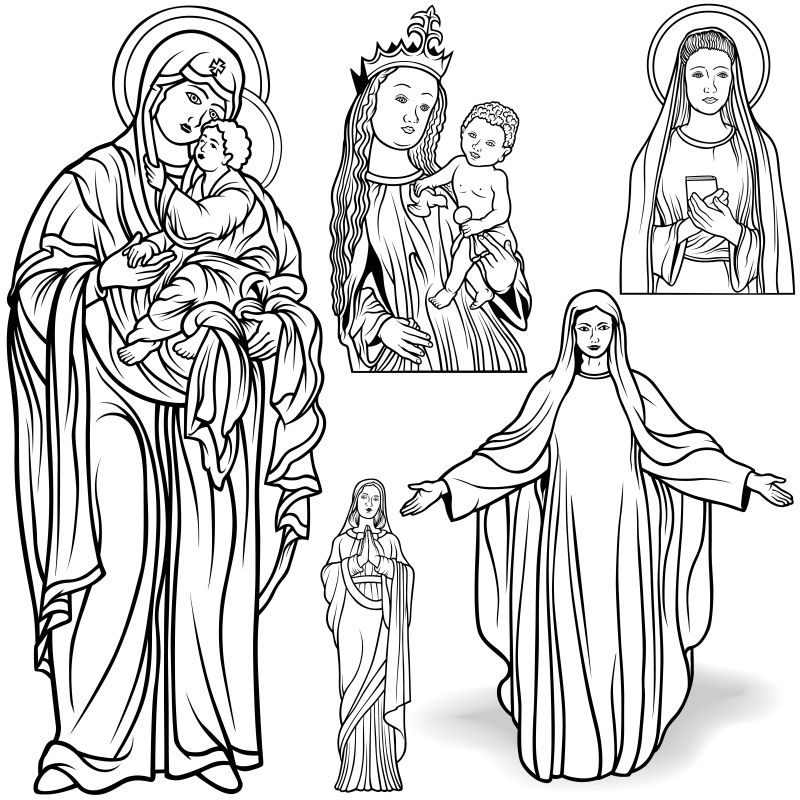创意矢量现代修女玛丽主题的线性插图设计