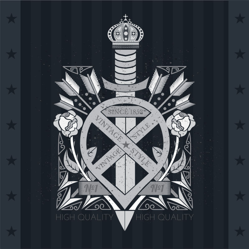 剑在玫瑰和箭之间弯曲的缎带中心黑板上的纹章标志
