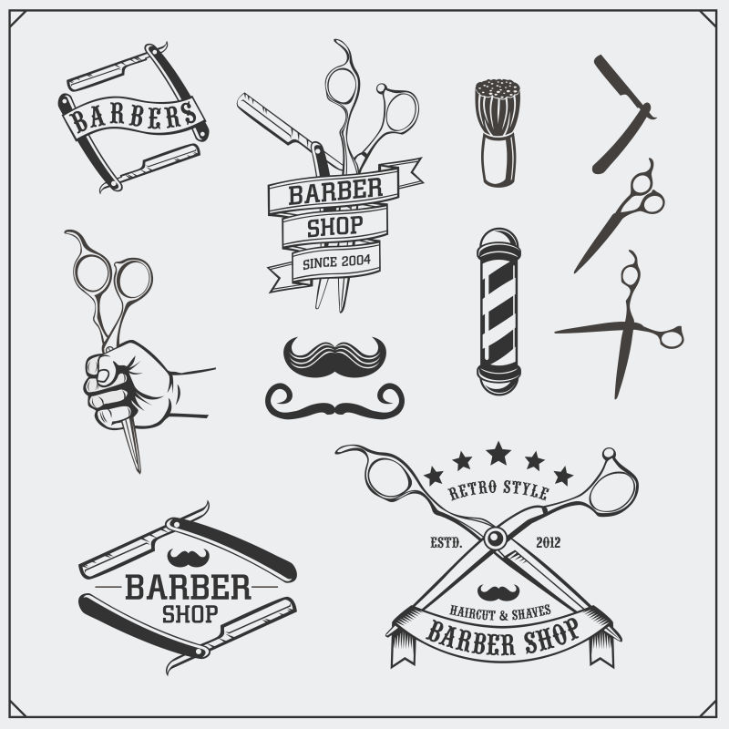 一套老式理发店的设计元素标签徽章和徽章