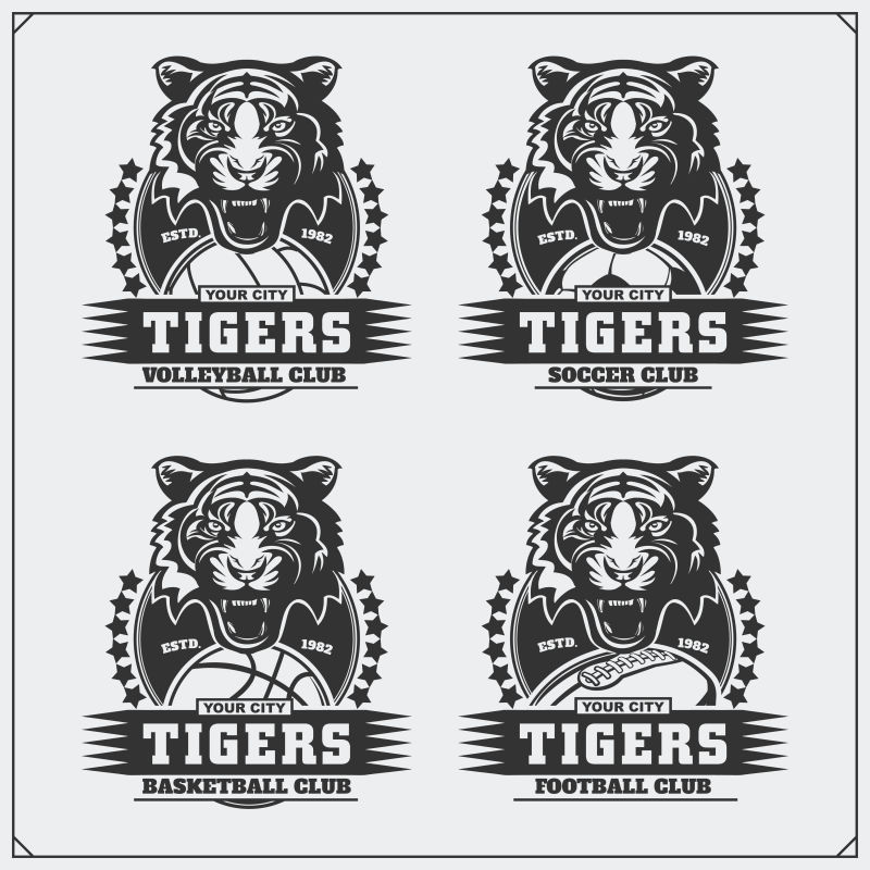 排球棒球足球和足球标志和标签体育俱乐部以老虎为标志
