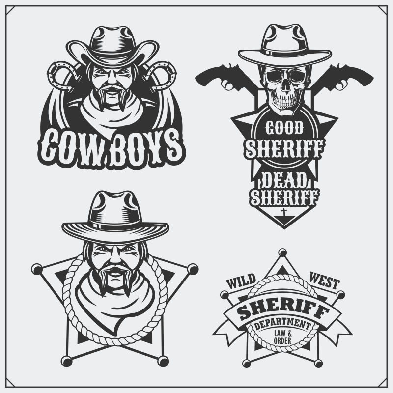 蛮荒的西部一套警长和牛仔老式徽章标签徽章和设计元素