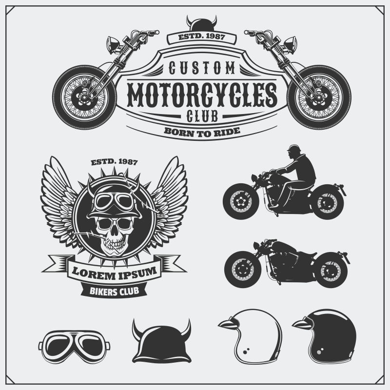 复古摩托车标签徽章徽章和设计元素的集合头盔护目镜和摩托车古典风格单色设计