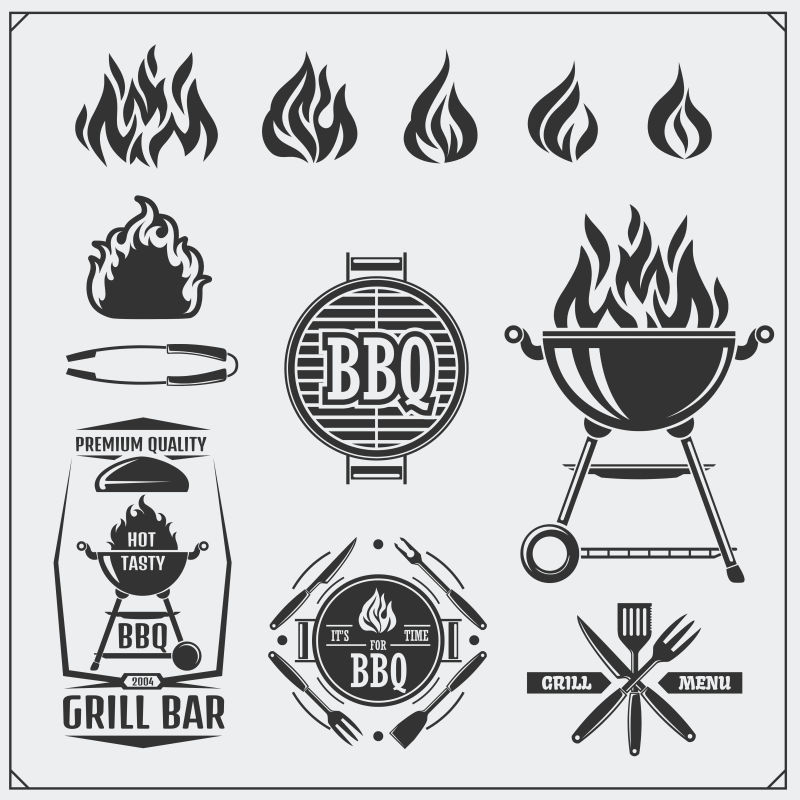 烧烤和烧烤标签设置烧烤徽章徽章和设计元素矢量单色插图